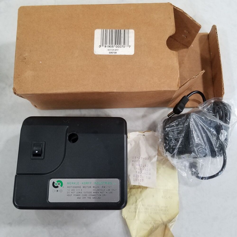 Merkle‑Korff RM‑101 Rotisserie Motor 12V Universal Mount + Adapter 3" NOS
